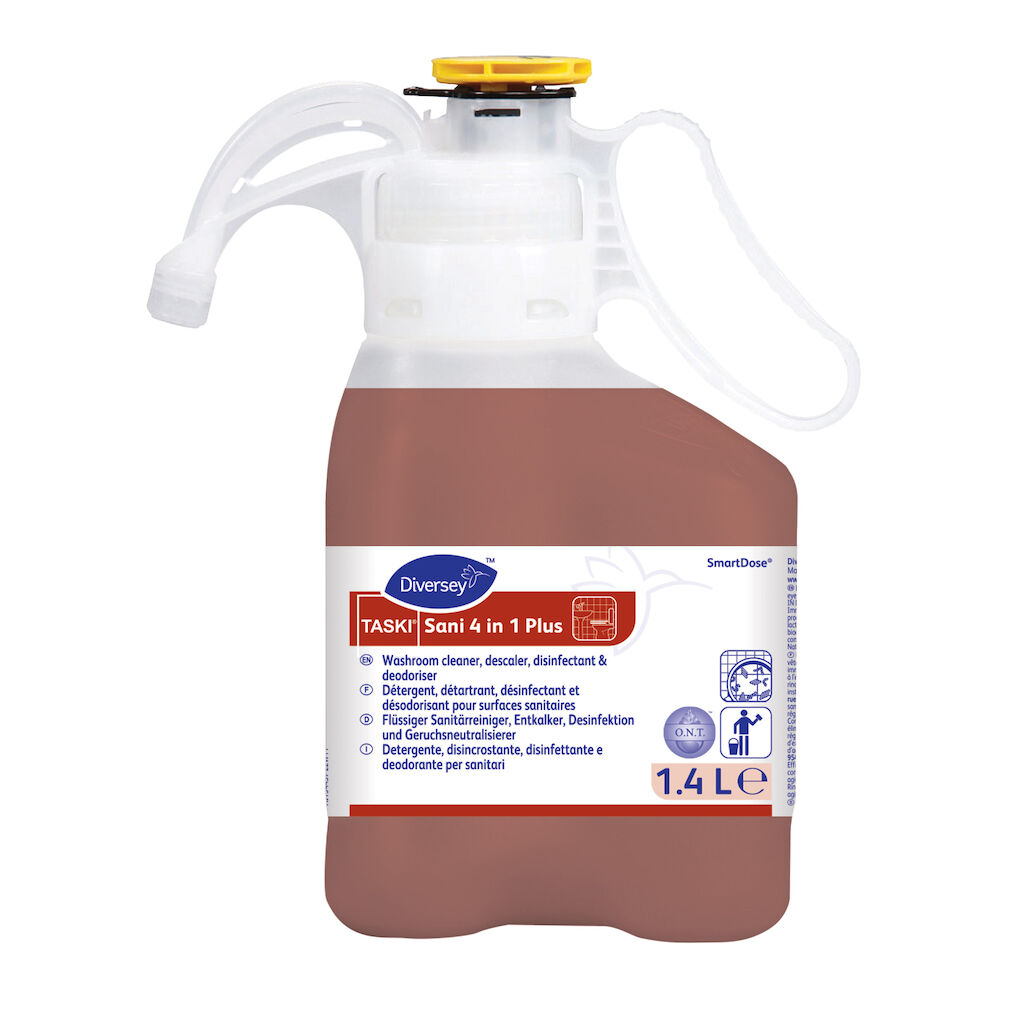 TASKI Sani 4 in 1 Plus 1.4L - Détergent détartrant désinfectant désodorisant pour surfaces sanitaires. Système Smart Dose.